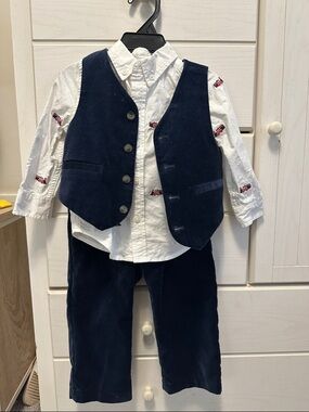 Janie and Jack Navy Velvet Vest/Pants with White Shirt and Red Train Embroidery